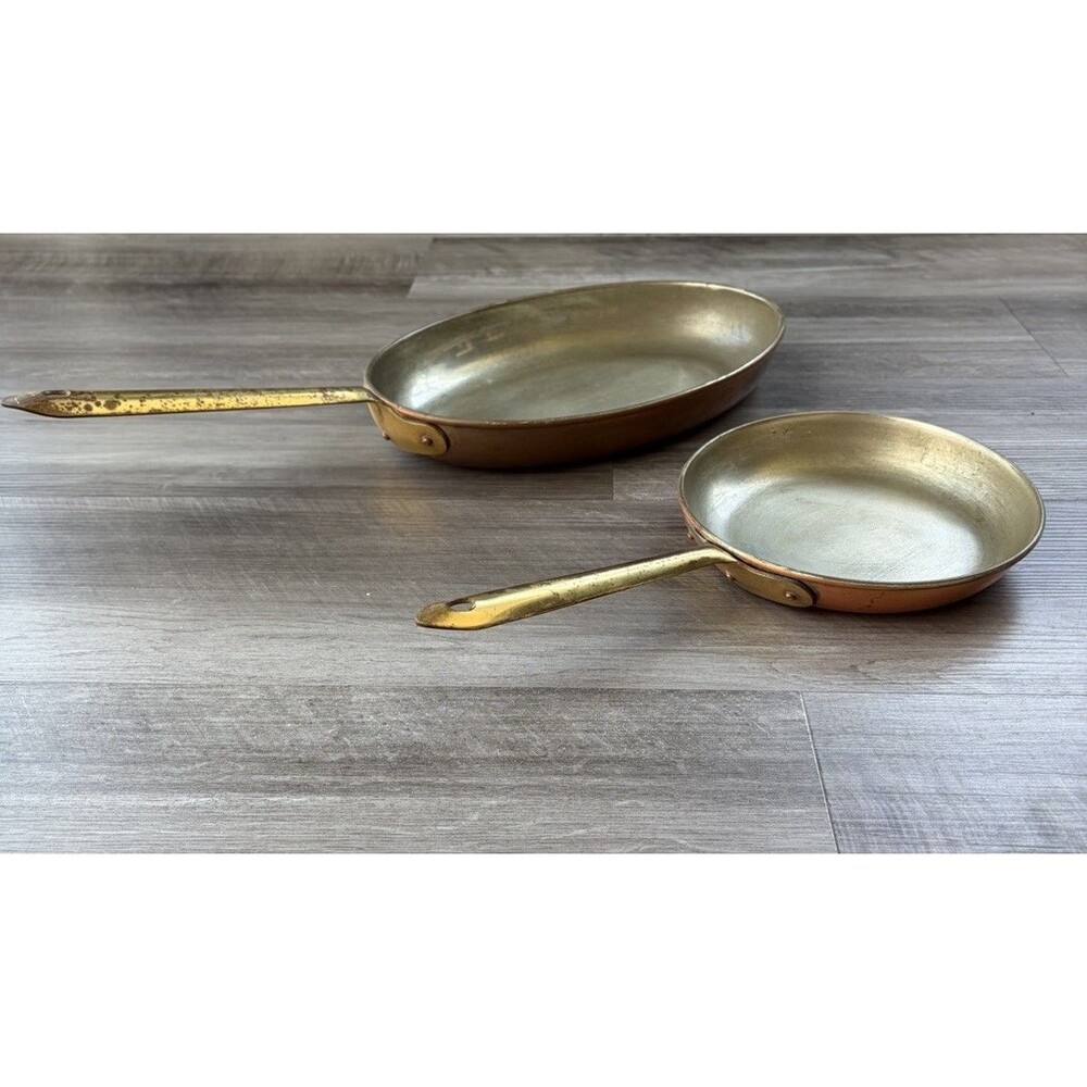 Vintage Copral Portugal Copper Pan Set Oval Gratin & Round Skillet Brass - Picture 7 of 7